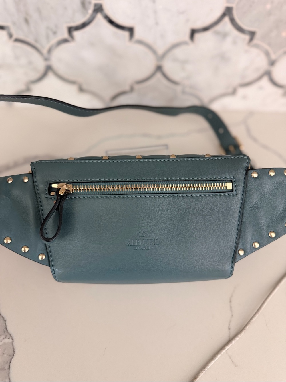 Valentino Garavani Quilted Teal Leather Rockstud Belt Bag - Picture 6 of 7